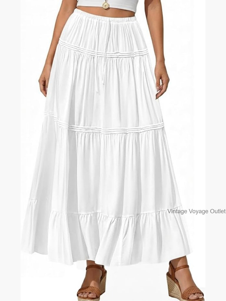 White Maxi Skirt High Waisted Pleated Tiered Boho Beach Casual